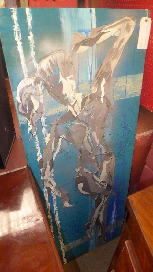A large oil on board abstract nude study on a blue ground