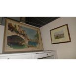 A framed bygone print of a village cricket match and two other prints, one by D'Oyly  John
