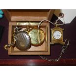 A gilt metal fob watch, a plated fob watch and a modern carriage clock