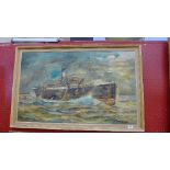 An oil on board seascape with the ship S.S.Bucegi signed K Hancock with details to verso