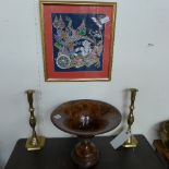 A pair of gilt metal candlestick a reproduction hour-glass, a metal flared vase and other items