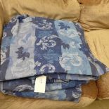 A pair of blue foliate decorated double lined curtains drop: 87" x 104"