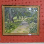 An oil on board tree lined country path By Diana Smallwood and a watercolour of chameleons by