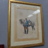 SOLD IN TIMED AUCTION
A watercolour of a French cavalry man beside his horse