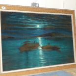 An acrylic on velvet of a Philippine moonlit lake scene with boats signed Ben Alano
