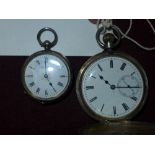 A silver half hunter pocket watch the white enamel dial with subsidiary second dial and on another