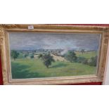 CB Fannan, oil on canvas of a landscape with train dated '54 in gilt frame