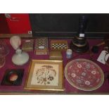 A miscellaneous collection including micro mosaic boxes blue glass vase collage and others