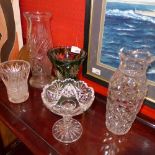 Four cut glass vases, including an example with green flash, together with a crystal tazza