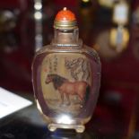 A Chinese inside painted crystal glass snuff bottle having painted image of a horse to each side