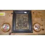 A religious spelter framed plaque and two porcelain painted oval pictures one titled Cries of