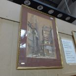 A mixed media study signed Atcher 1959 together with a watercolour street scene signed Robert