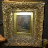 An interesting C19th reverse glass religious painting in gesso frame old collectors label verso