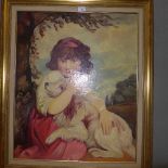 An oil on canvas of a girl holding her dog after Joshua Reynolds late C20th,