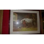 A print of horses and dog in a stable,