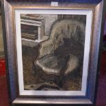 An oil on canvas still life study of a chair in an interior setting, signed David Cooper