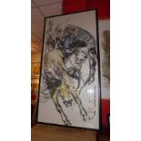 A Chinese watercolour painting of a figure on horseback chasing another horse, signed