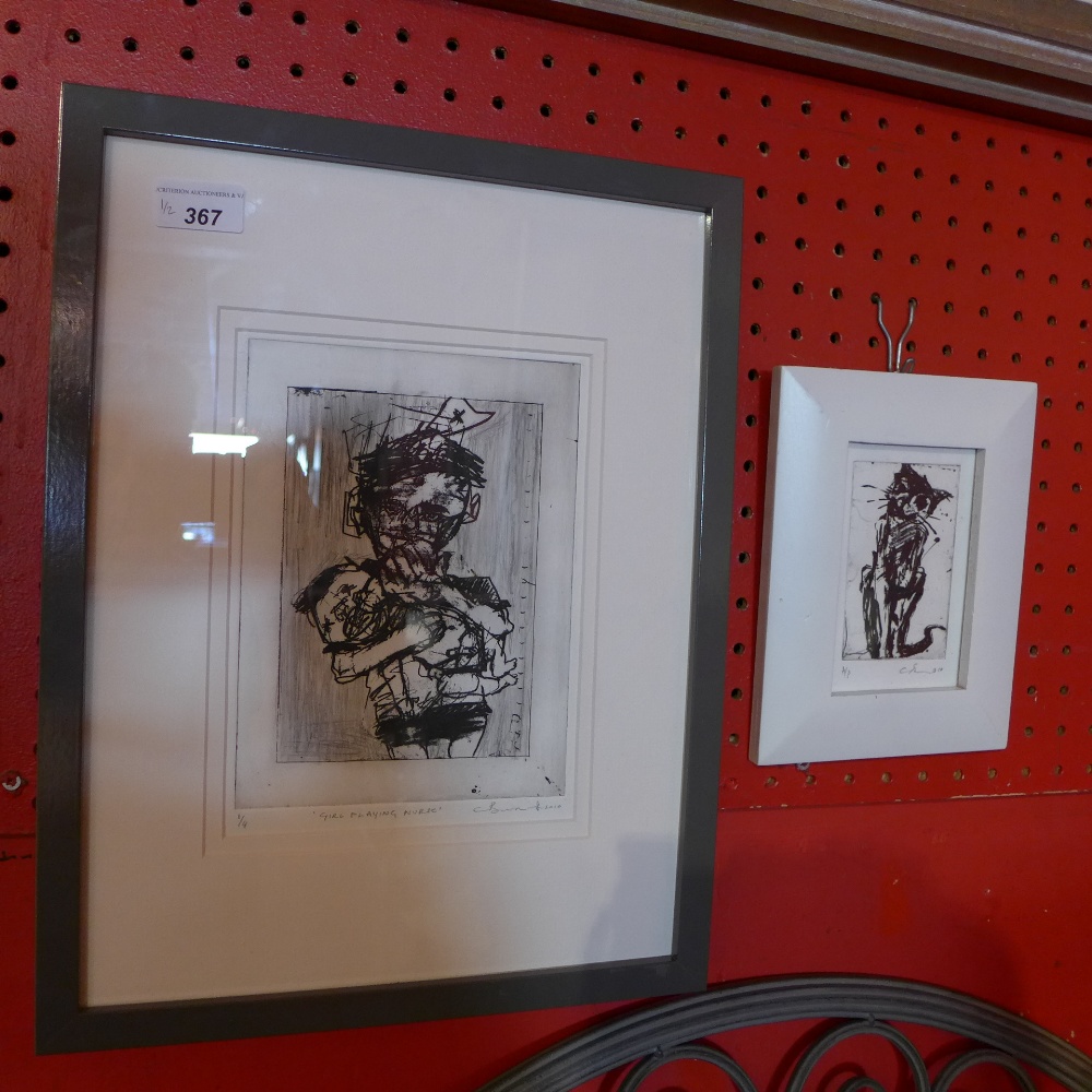 Two framed etchings signed limited editions by C Burns 'A Cat and a girl pretending to be a nurse'