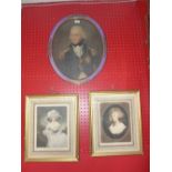 An oval print portrait of Lord Nelson glazed and framed together with two coloured engravings of