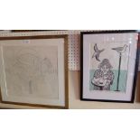 A glazed and framed Jim Anderson pencil sketch together with two lino cuts all signed and with