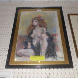 A charcoal and coloured chalk portrait of auburn haired nude female with shawl, by Michael D'