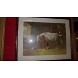 A signed print of horses and a dog in a stable