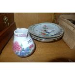 A collection of three C18th Chinese plates and an C18th sparrow jug with hens