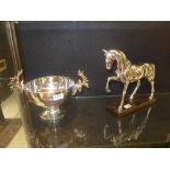 A metal mounted model of a horse and a stag mounted chrome bowl (2)