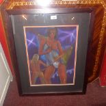 A pastel study of pole dancers at Stringfellows by Cameron Rudd framed