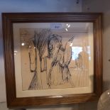 A pen and ink study by Robert Colquhoun 'Man with bird' with details to verso in a gilded frame