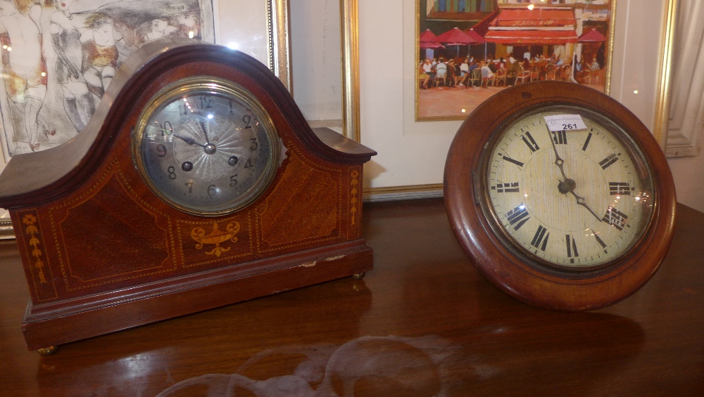 A C19th mahogany dial clock with Roman numeral dial and an inlaid Edwardian mantel clock