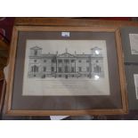 A glazed and framed H. Hulsburg architectural engraving together with a set of four unframed C18th