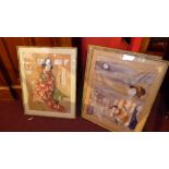 A set of three glazed and framed Japanese prints on silk in faux bamboo frames