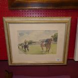 A watercolour of a horse race,
