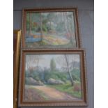A pair of oil on board of garden scenes