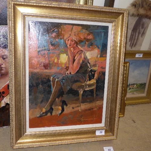 An oil on canvas of a lady in a chair by Smarowski