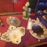 A Meissen style circular porcelain table mirror together with two Capo Di Monte items and another