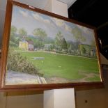 An oil on board of village cricket scene, signed S.L.