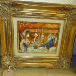 A gilt framed oil on canvas ballroom scene ladies seated around a table