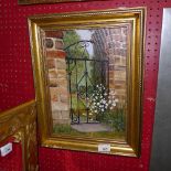 Phyllis Hall (20th Century, British) Garden Gate, oil on board, 34cm x 24cm, unsigned, gilt framed.