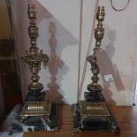 A pair of Empire style gilt metal and marble table lamps