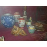 A collection of various Oriental items including a Satsuma cup and saucer, four vases and other