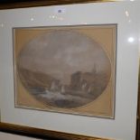 A late C19th oval pencil study depicting a sailing boat in rough waters in a parcel gilt and