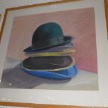 A pastel study of a stack of hats by Jane Wentworth with details verso
