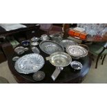 A collection of silver plated items including various trays and dishes