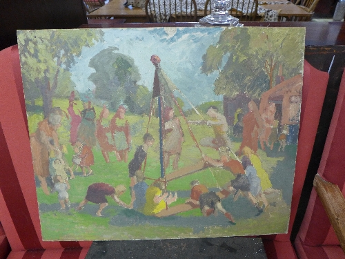 An oil on canvas of faceless crowd scene