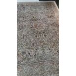 A large handwoven Persian pure silk Kashmar carpet the ivory pole on blue and apricot field with
