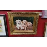 An oil on board study of two Labrador pups seated on a wall