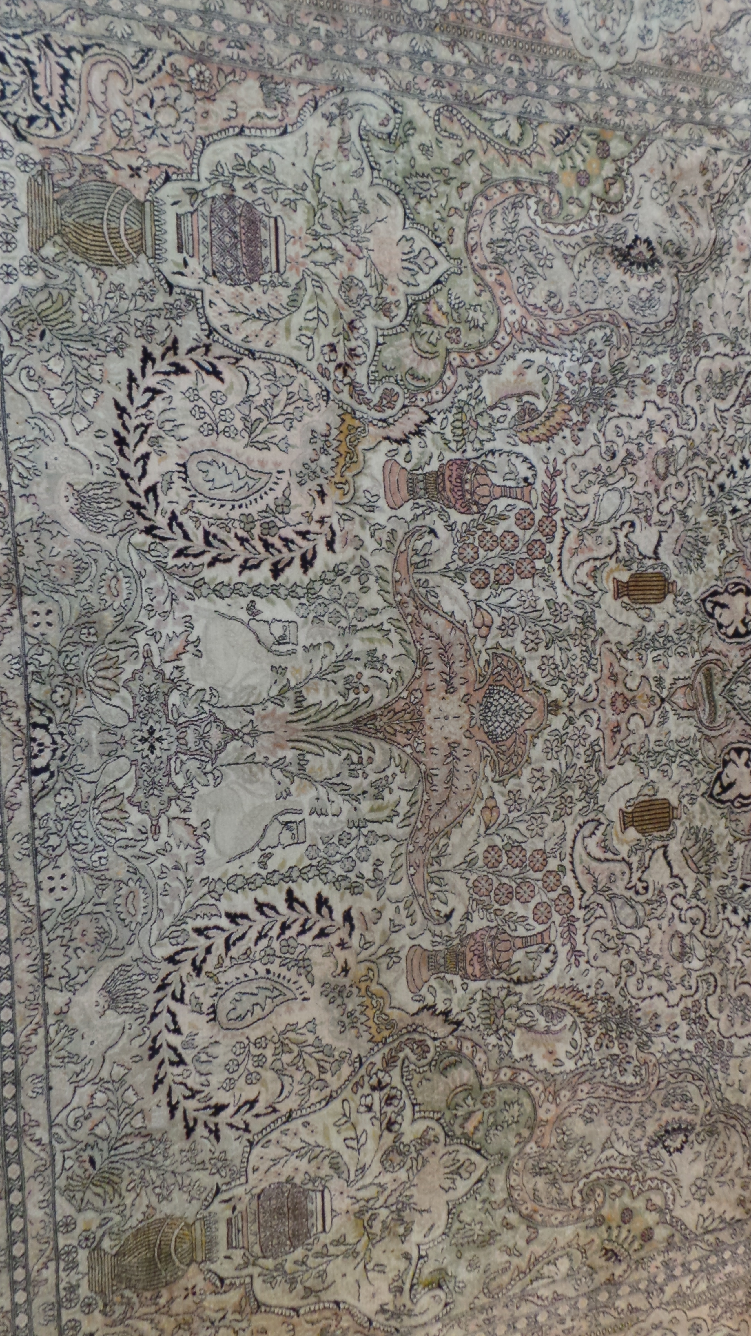 A large handwoven Persian pure silk Kashmar carpet the ivory pole on blue and apricot field with - Image 3 of 3