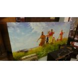 A large unframed oil on canvas depicting farm women carrying tools in a field